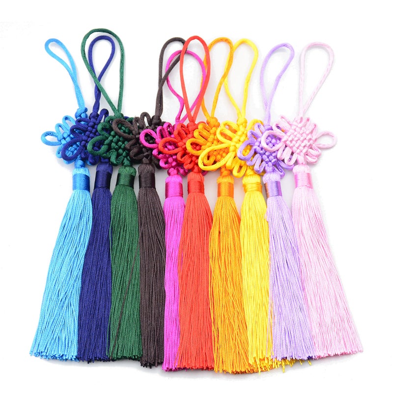 Makhry 10pcs 8.5 Inch Handmade Silky Floss Chinese Tassel with Satin Silk Made Chinese Knots for Door and Car Handing Decoration, DIY Craft (Mixed1) - Image 1